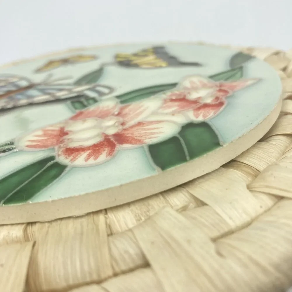 Vtg Butterfly Floral Embossed Ceramic Tile Rattan Trivet Wall Plaque Art 8.5
